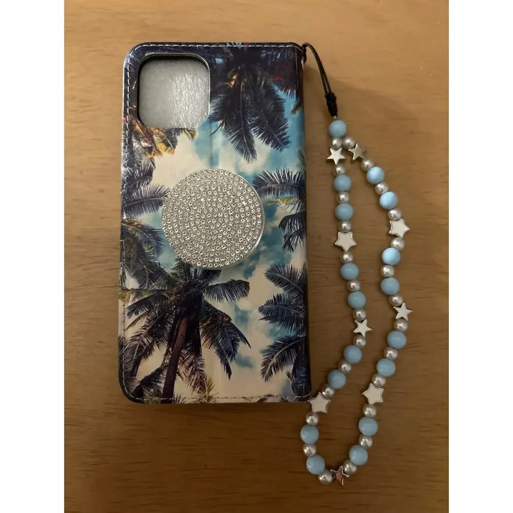 Tropical Print iPhone 12 Case Wallet w/Wrist Strap & Blingy Diamonds Pop Socket